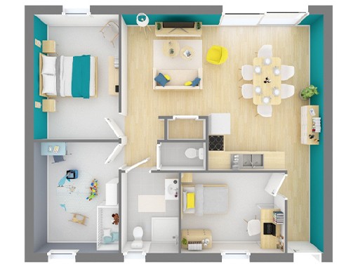 Plan de petite maison 3 chambres avec un bel espace de vie